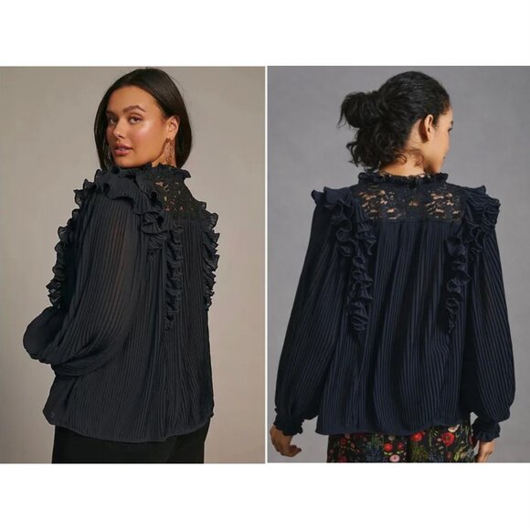 Anthropologie Sheer Pleated Ruffled Blouse Navy Blue | Corporate Goth | Size 1X - Picture 14 of 14